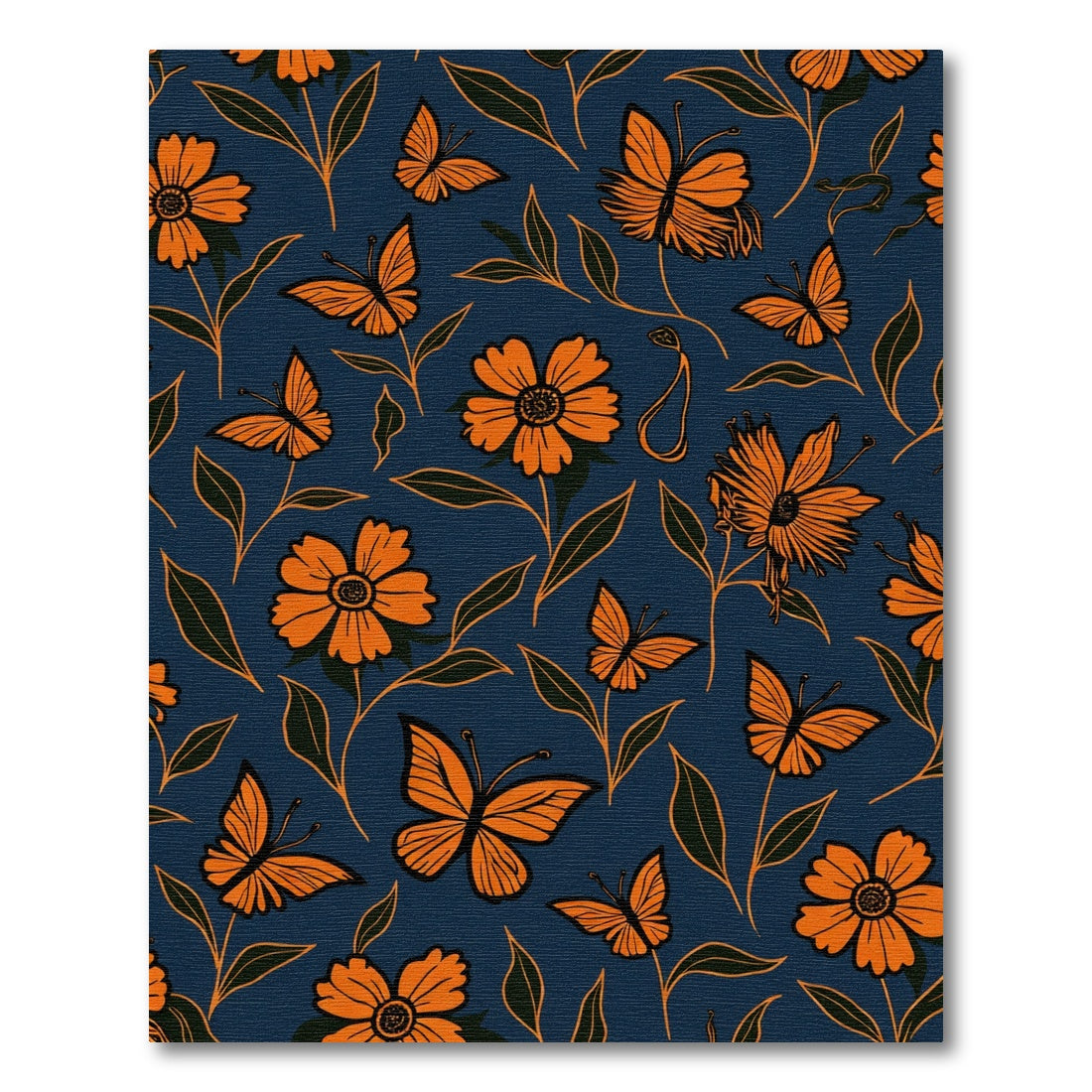 Vibrant Orange Butterflies Floral Navy Surface Rug