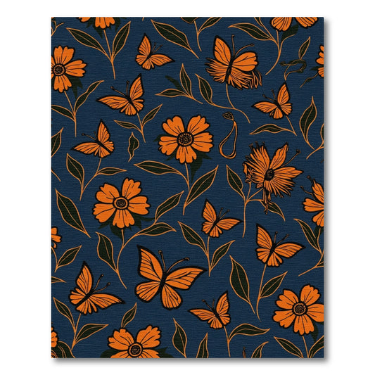 Vibrant Orange Butterflies Floral Navy Surface Rug