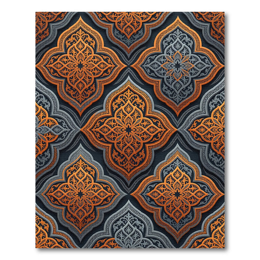 Ornate Amber and Slate Damask Medallion Rug