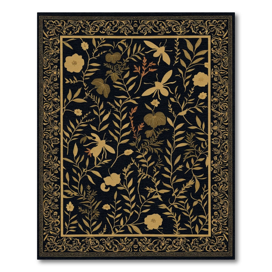 Golden Floral Insect Border Rug