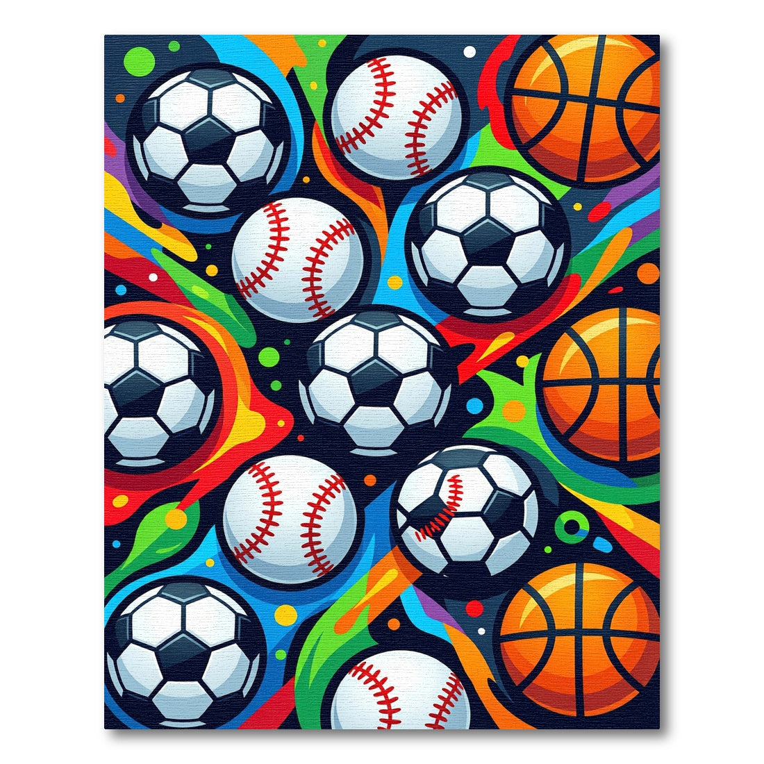 Vibrant Soccer Baseball Basketball Rainbow Rug