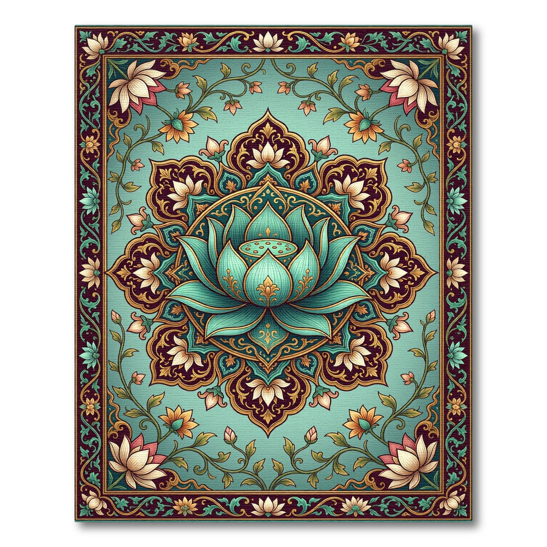 Teal Lotus Medallion Floral Border Rug