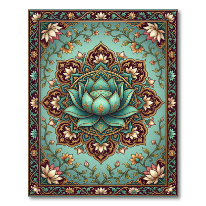 Teal Lotus Medallion Floral Border Rug