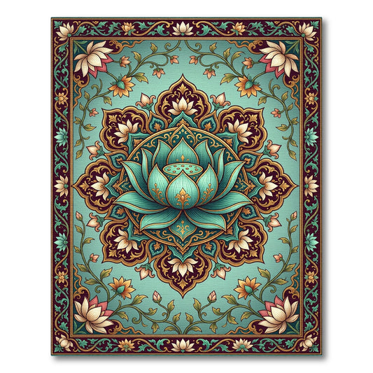 Teal Lotus Medallion Floral Border Rug