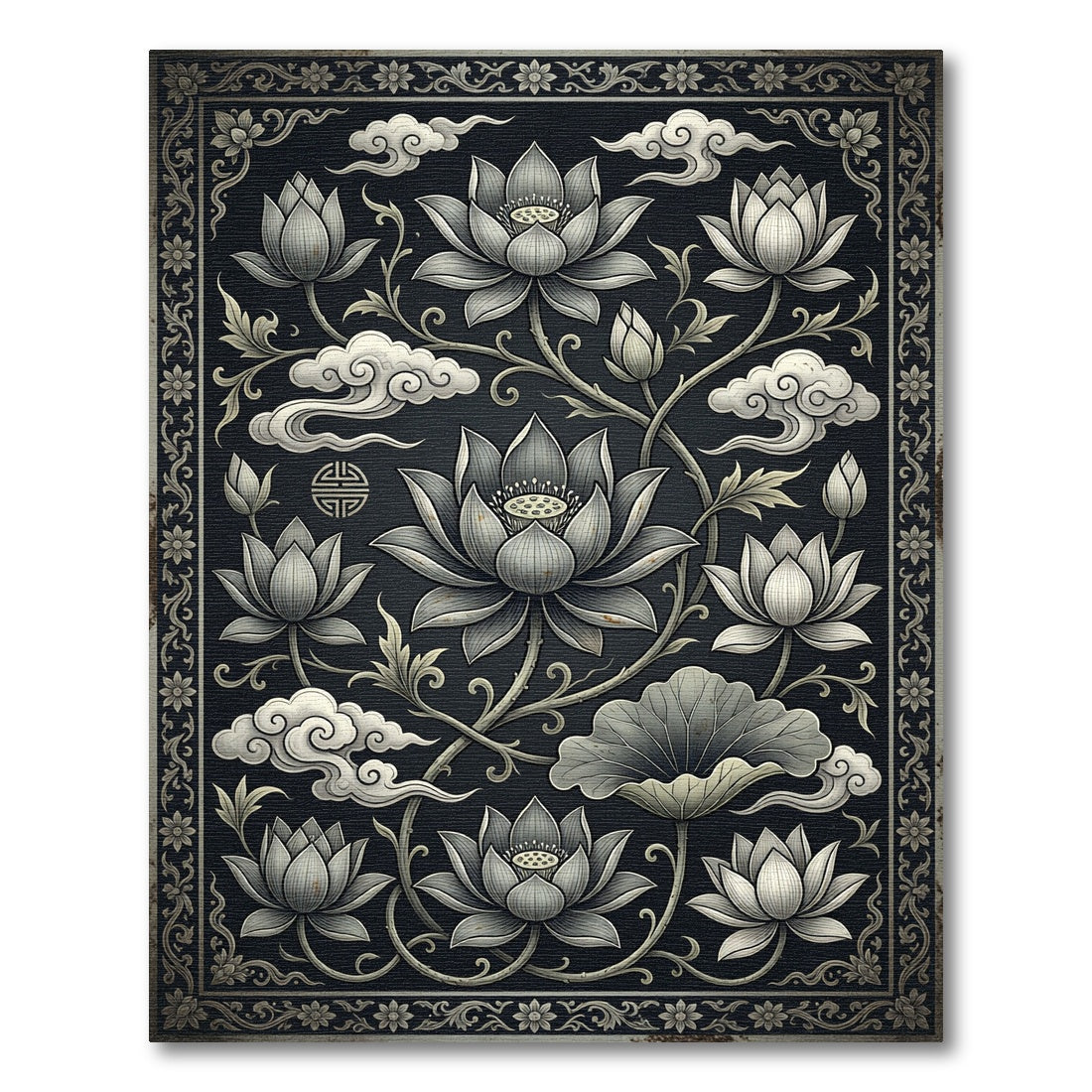 Monochrome Lotus Floral Zen Cloud Art Rug