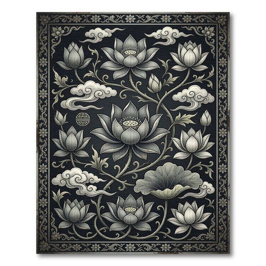 Monochrome Lotus Floral Zen Cloud Art Rug