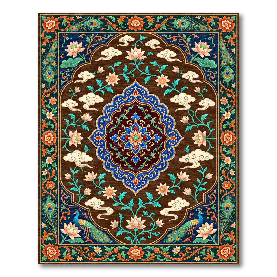 Peacock Lotus Floral Medallion Brown Rug