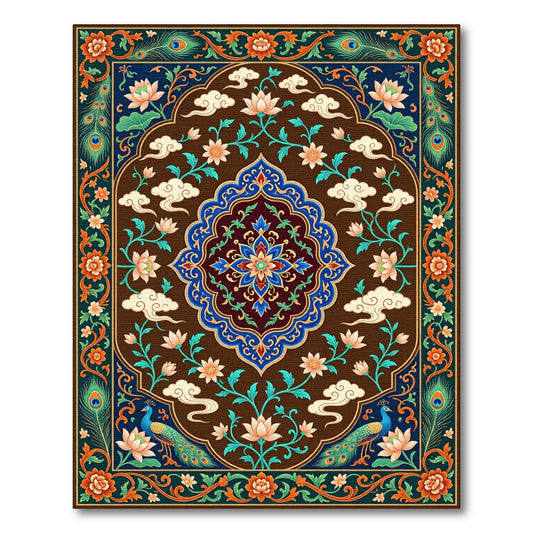 Peacock Lotus Floral Medallion Brown Rug