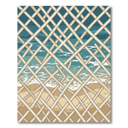 Lattice Overlay Ocean Shore View Rug
