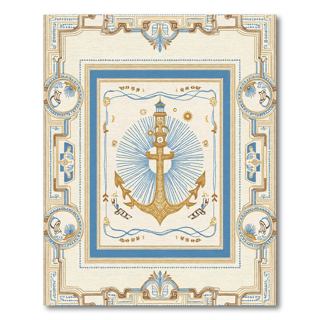 Nautical Golden Anchor Blue Border Rug
