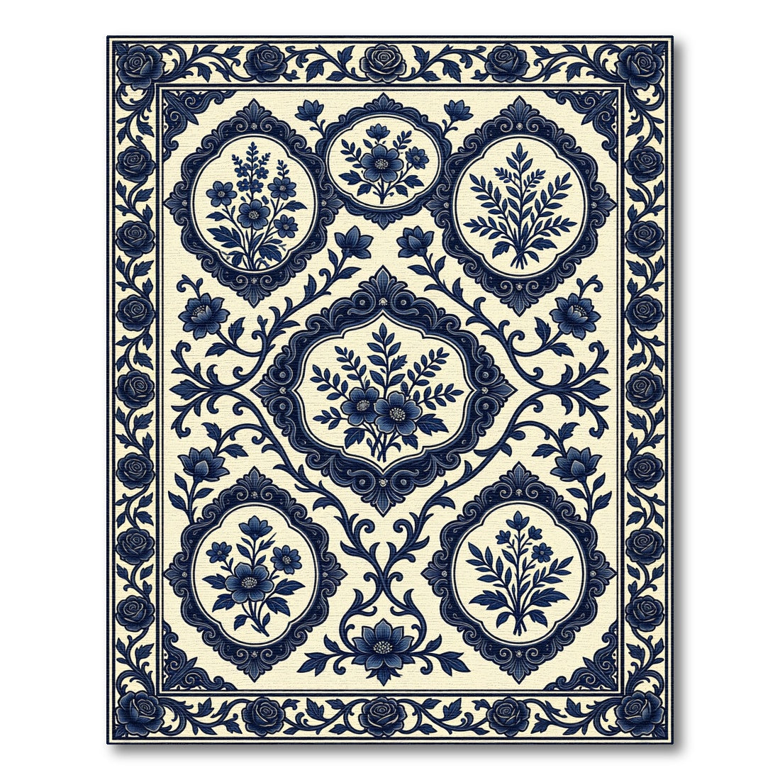 Navy Blue Floral Baroque Medallion Decor Rug