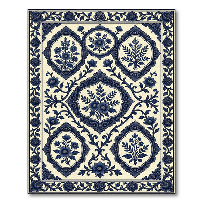 Navy Blue Floral Baroque Medallion Decor Rug