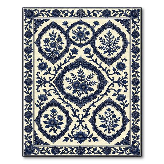 Navy Blue Floral Baroque Medallion Decor Rug