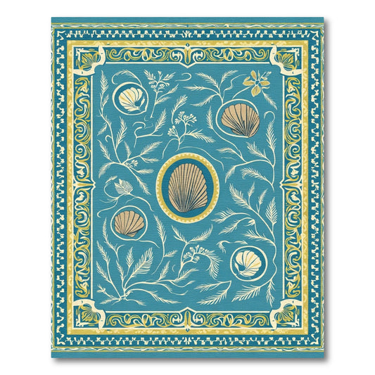 Teal Shell Botanical Floral Border Rug