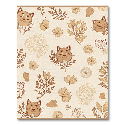 Whimsical Brown Cat Botanical Sketch Rug