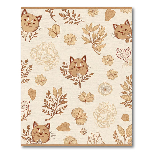 Whimsical Brown Cat Botanical Sketch Rug
