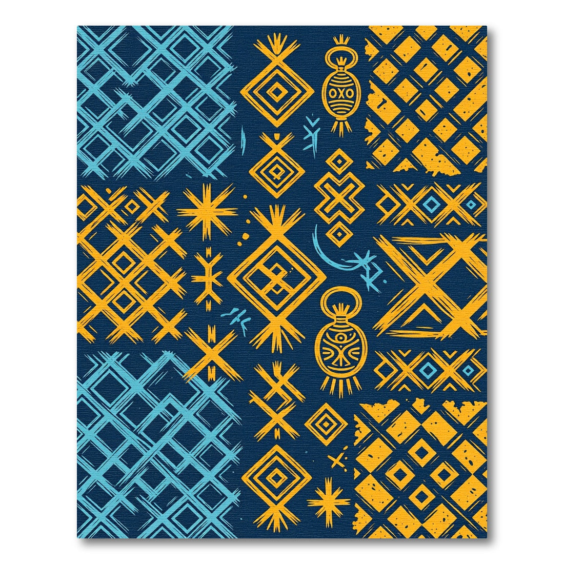 Vibrant Indigo Mustard Geometric Folk Tile Rug