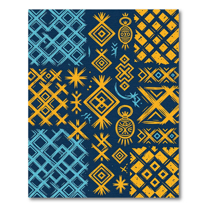 Vibrant Indigo Mustard Geometric Folk Tile Rug