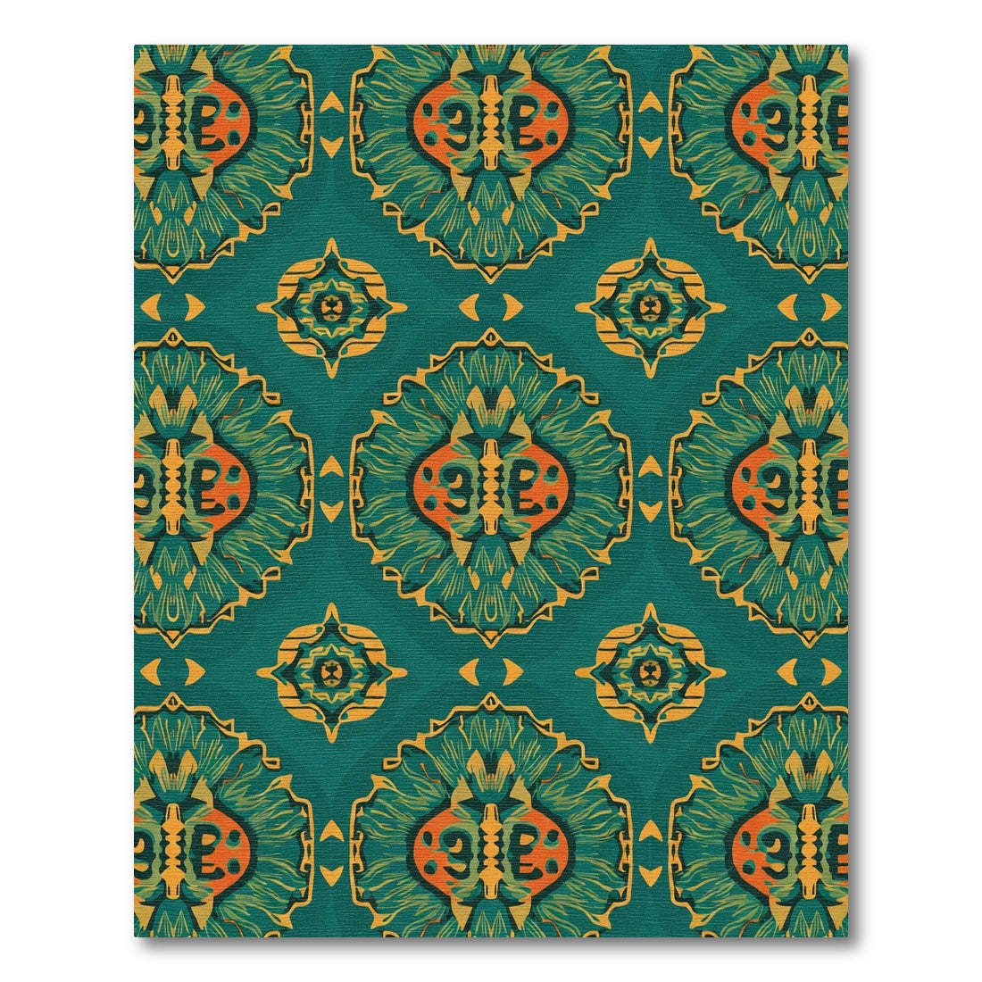 Teal Orange Golden Floral Medallion Rug
