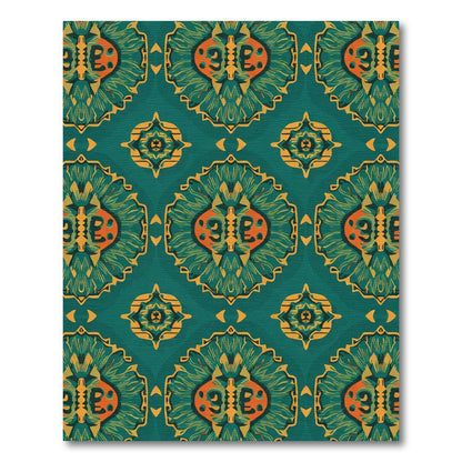 Teal Orange Golden Floral Medallion Rug