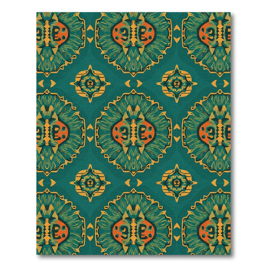 Teal Orange Golden Floral Medallion Rug