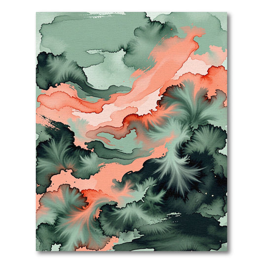 Coral and Sage Abstract Fluid Swirl Rug