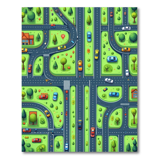 Whimsical Green Streets Cars Trees Rug