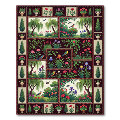 Dark Botanical Narrative Garden Quilt Rug