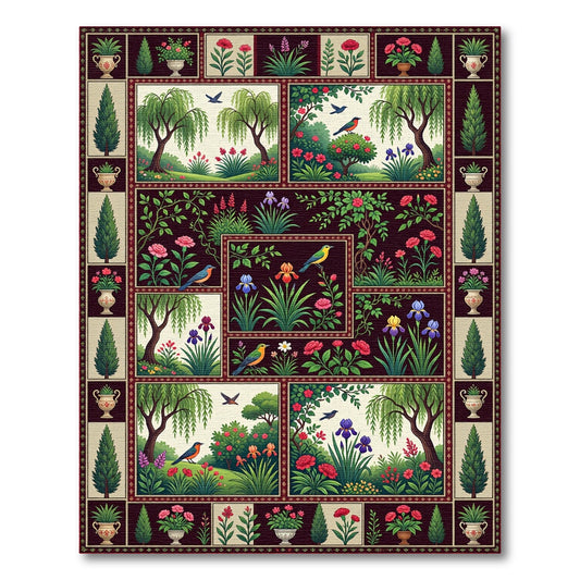 Dark Botanical Narrative Garden Quilt Rug