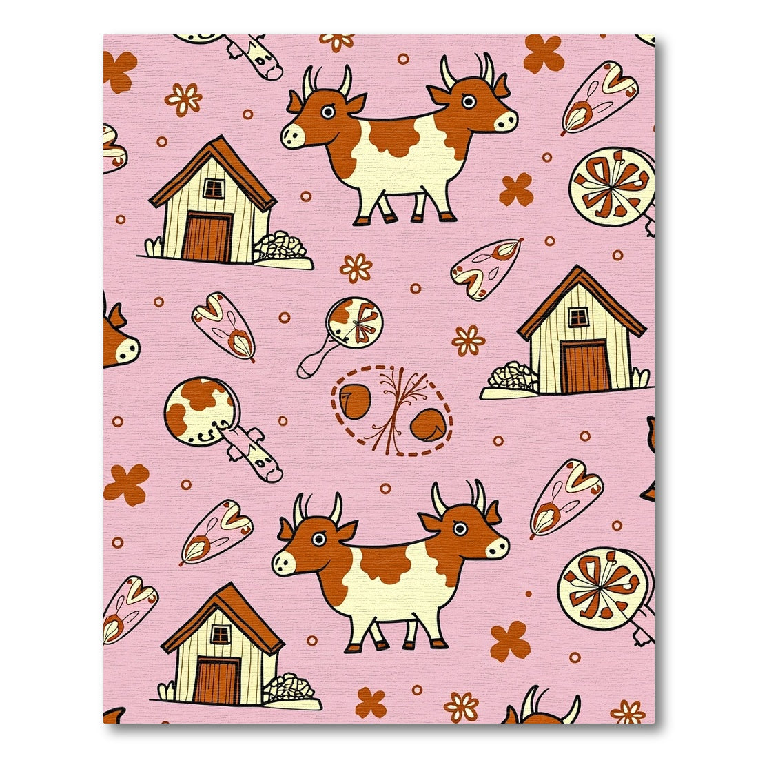 Whimsical Pink Barn Cow Floral Pattern Rug