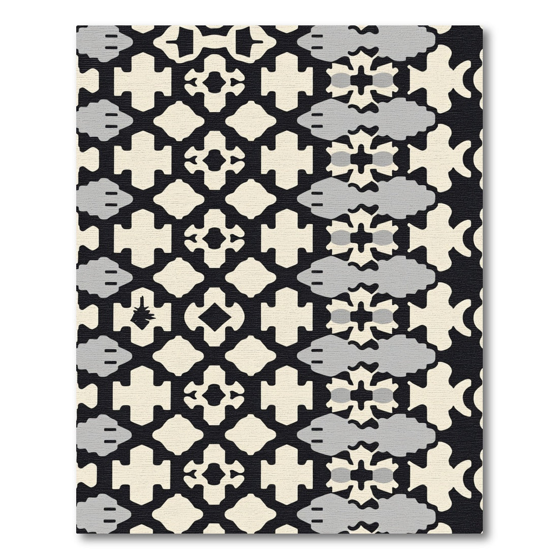 Cream Black Gray Fish Grid Rug