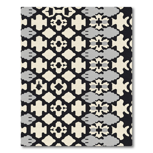 Cream Black Gray Fish Grid Rug