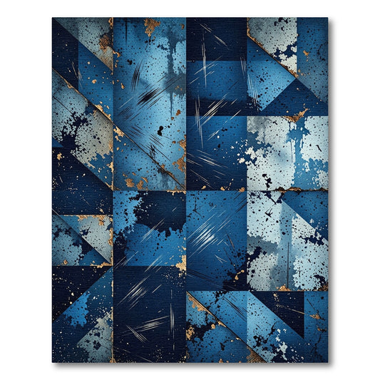 Distressed Blue Geometric Splatter Composition Rug