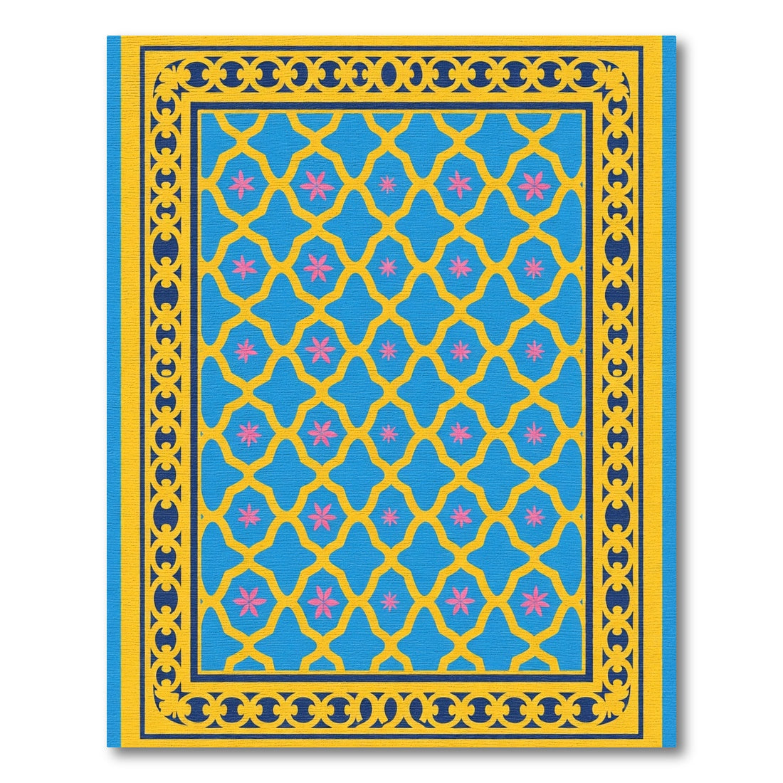 Blue Yellow Pink Floral Lattice Border Rug
