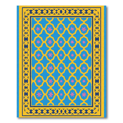 Blue Yellow Pink Floral Lattice Border Rug
