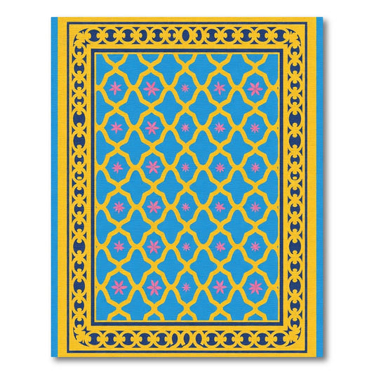 Blue Yellow Pink Floral Lattice Border Rug