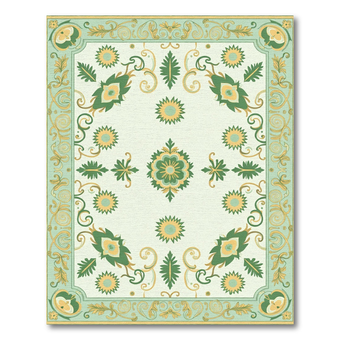 Green Yellow Floral Medallion Border Rug