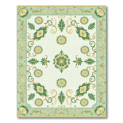 Green Yellow Floral Medallion Border Rug