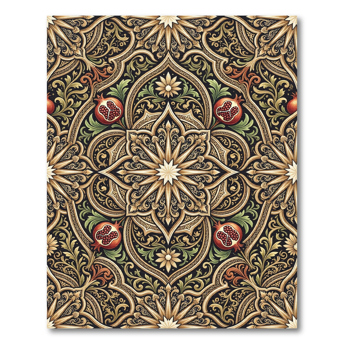 Ornate Black Gold Pomegranate Floral Rug