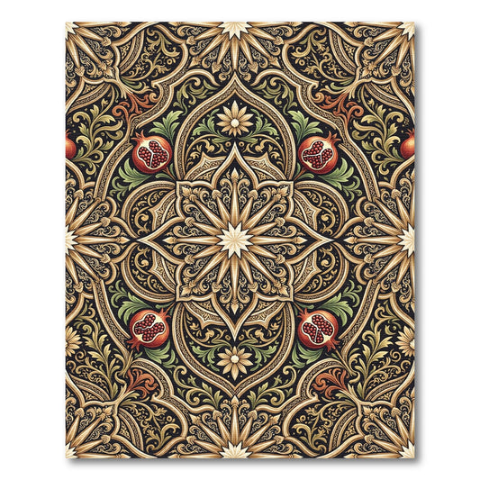 Ornate Black Gold Pomegranate Floral Rug