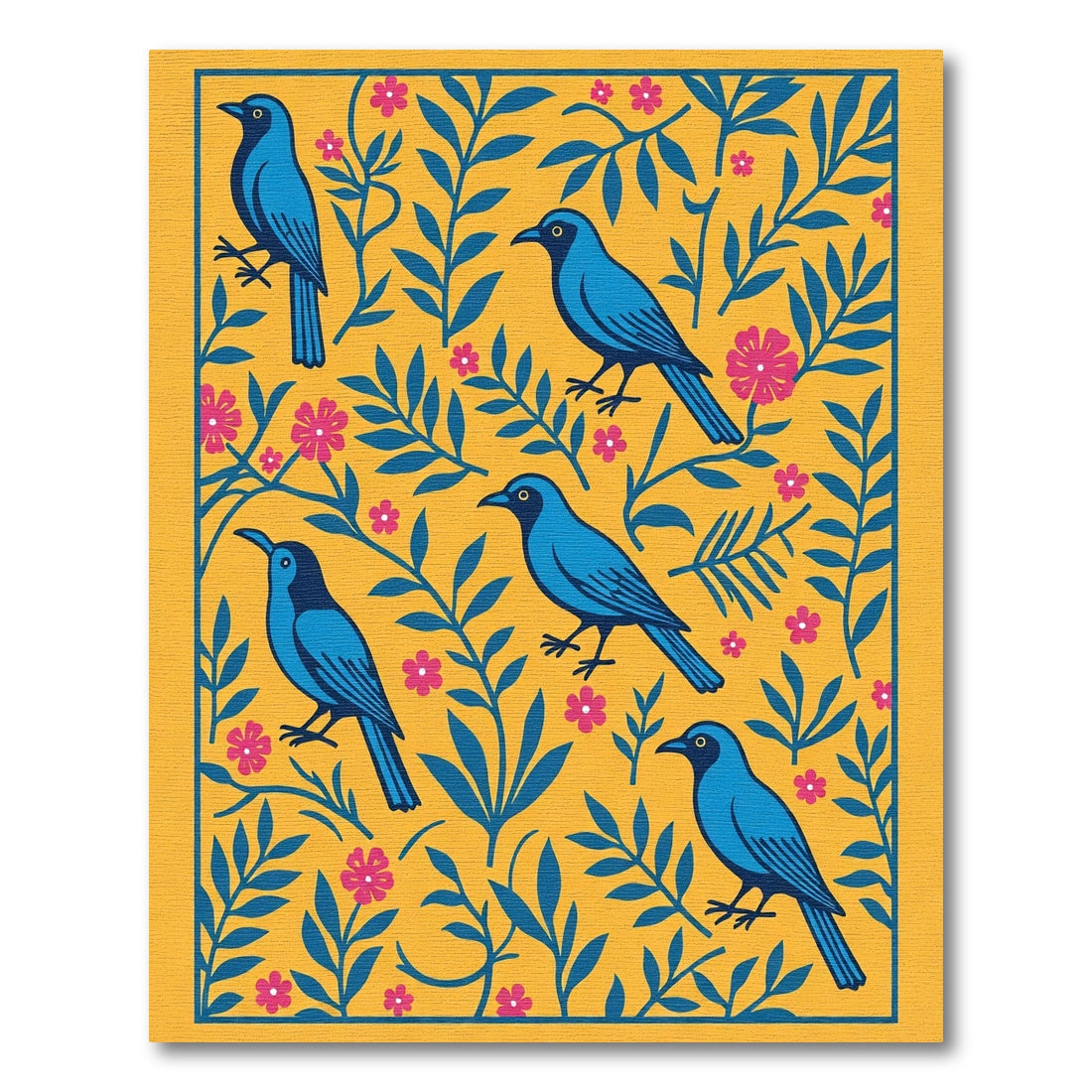 Bright Yellow Blue Birds Floral Arrangement Rug
