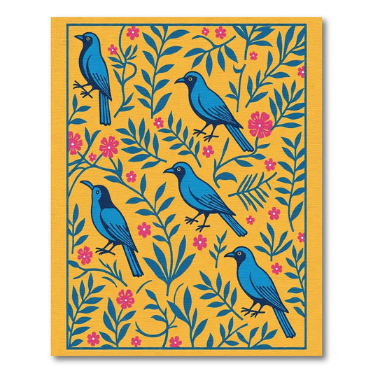 Bright Yellow Blue Birds Floral Arrangement Rug