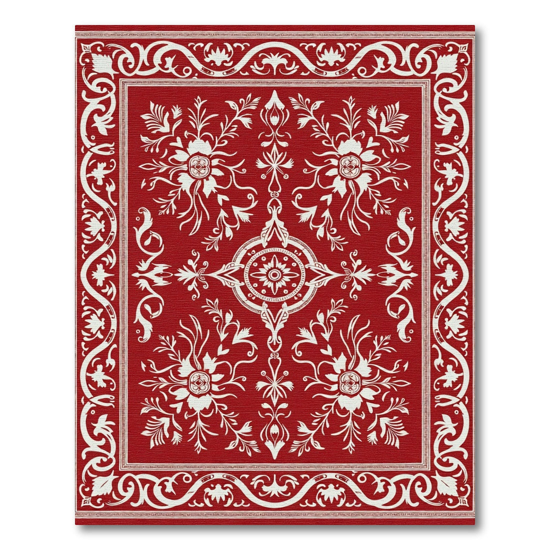 Classic Red White Floral Symmetry Rug