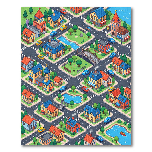 Vibrant Isometric Colorful Townscape Rug