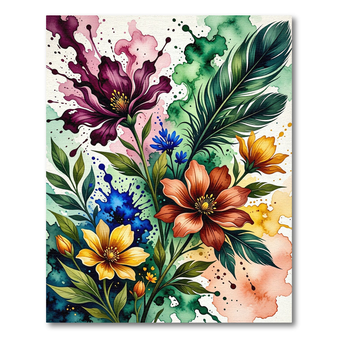 Vibrant Watercolor Botanical Feather Bouquet Rug