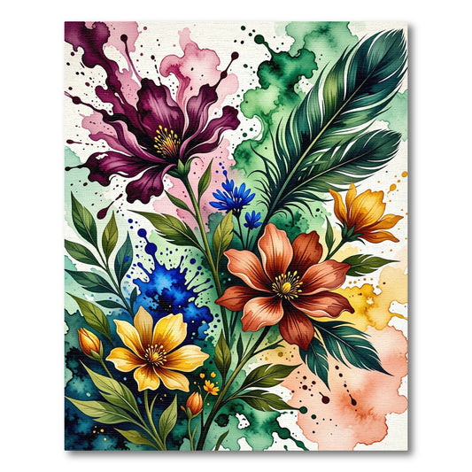 Vibrant Watercolor Botanical Feather Bouquet Rug