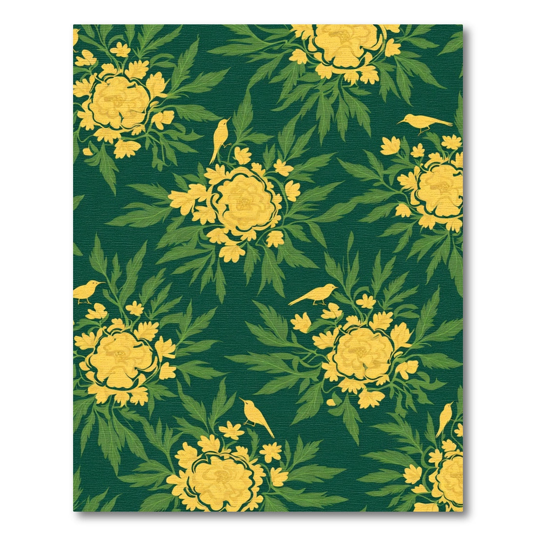 Golden Yellow Floral Birds Emerald Pattern Rug