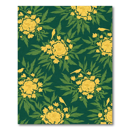 Golden Yellow Floral Birds Emerald Pattern Rug