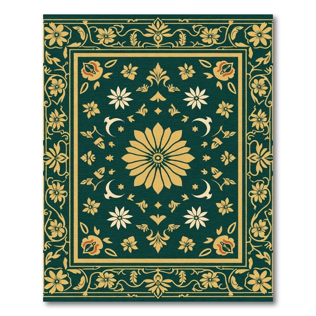 Regal Emerald Golden Floral Border Rug