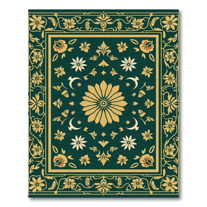 Regal Emerald Golden Floral Border Rug
